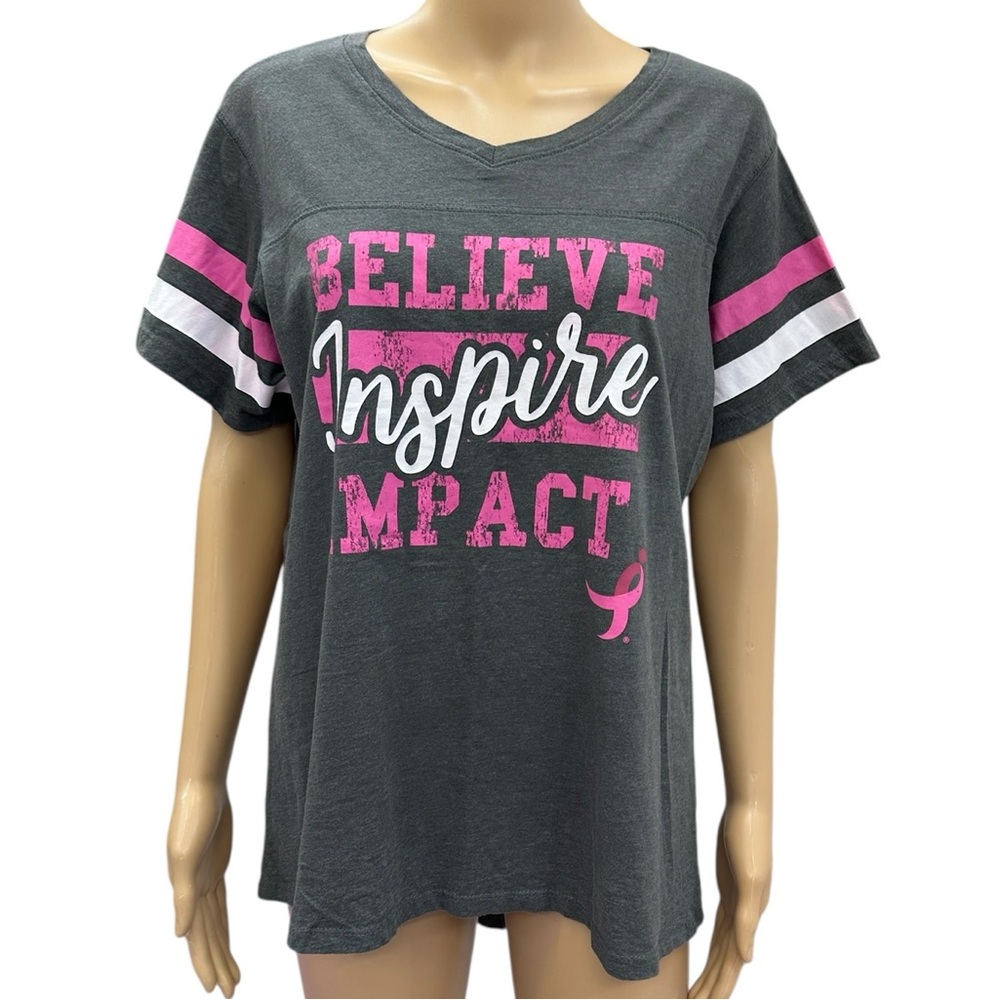 Susan G Komen Believe Inspire Impact Breast Cancer Awareness Gray Jersey Tee 2X